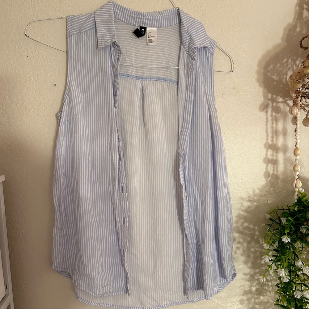 blue and white striped button down tank top - Picture 3 of 5